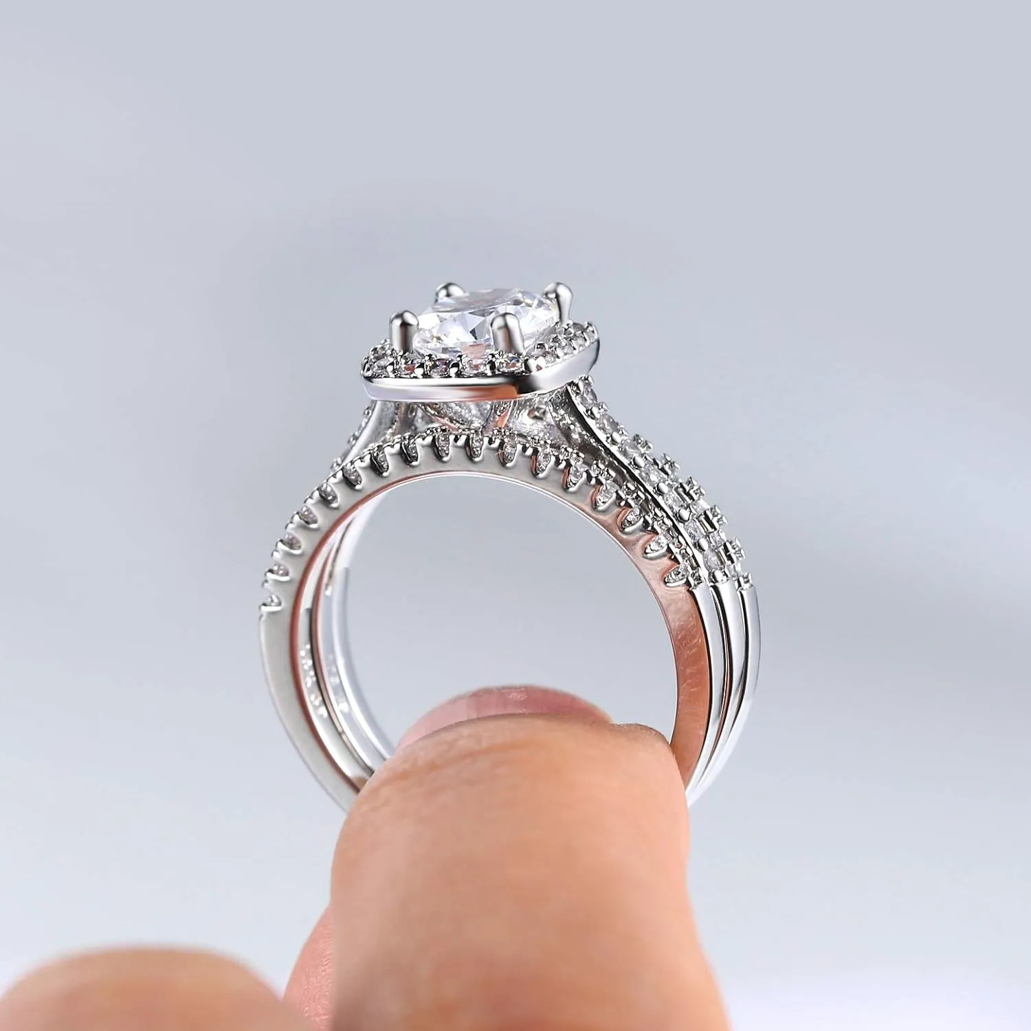 Jude Jewelers Silver Rose Gold Three-in-One Wedding Engagement Bridal Halo Ring Set