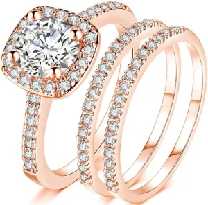 Jude Jewelers Silver Rose Gold Three-in-One Wedding Engagement Bridal Halo Ring Set