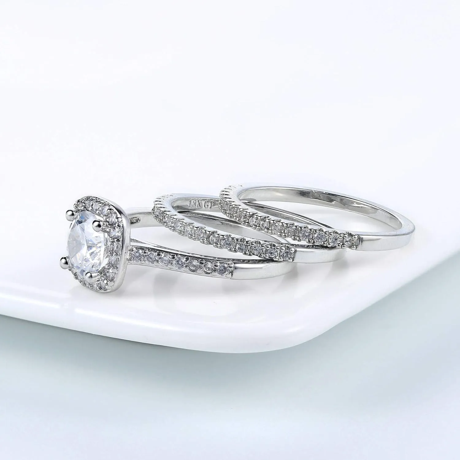 Jude Jewelers Silver Rose Gold Three-in-One Wedding Engagement Bridal Halo Ring Set