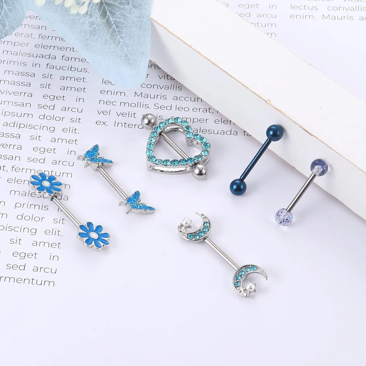 Kakonia 6 Pairs 14G Nipple Rings for Women 316L Stainless Steel Heart Butterfly Moon CZ Flower Barbell Nipple Rings Set Cute Nipplerings Piercing Jewelry