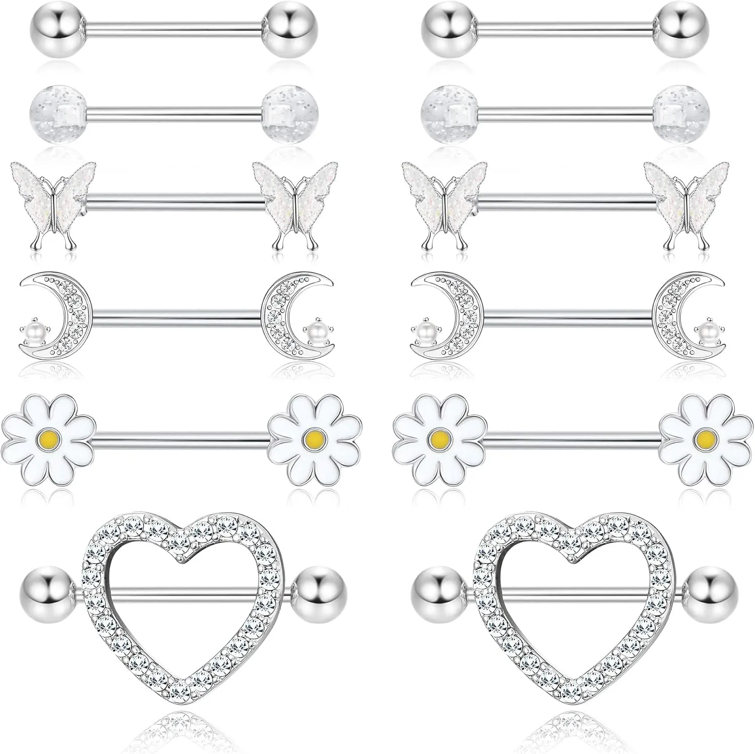 Kakonia 6 Pairs 14G Nipple Rings for Women 316L Stainless Steel Heart Butterfly Moon CZ Flower Barbell Nipple Rings Set Cute Nipplerings Piercing Jewelry