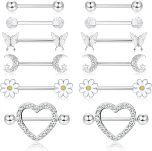 Kakonia 6 Pairs 14G Nipple Rings for Women 316L Stainless Steel Heart Butterfly Moon CZ Flower Barbell Nipple Rings Set Cute Nipplerings Piercing Jewelry