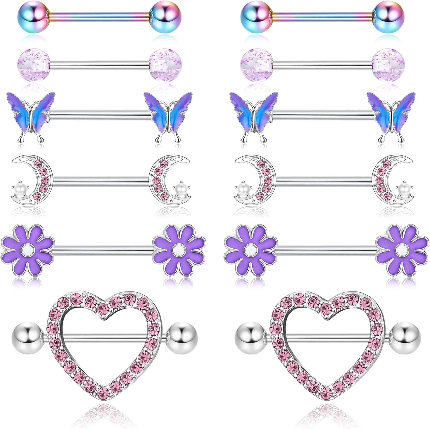 Kakonia 6 Pairs 14G Nipple Rings for Women 316L Stainless Steel Heart Butterfly Moon CZ Flower Barbell Nipple Rings Set Cute Nipplerings Piercing Jewelry
