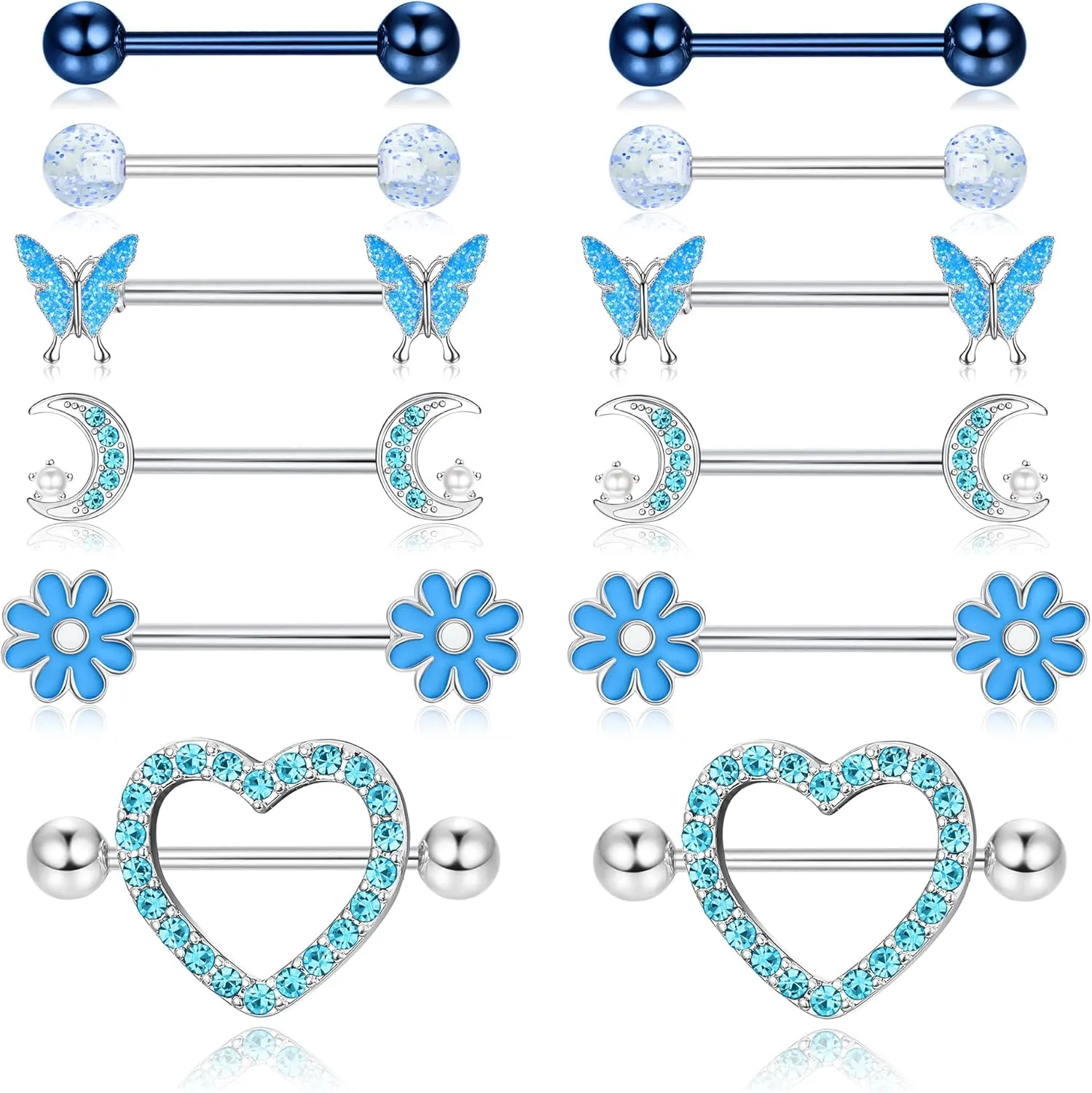 Kakonia 6 Pairs 14G Nipple Rings for Women 316L Stainless Steel Heart Butterfly Moon CZ Flower Barbell Nipple Rings Set Cute Nipplerings Piercing Jewelry