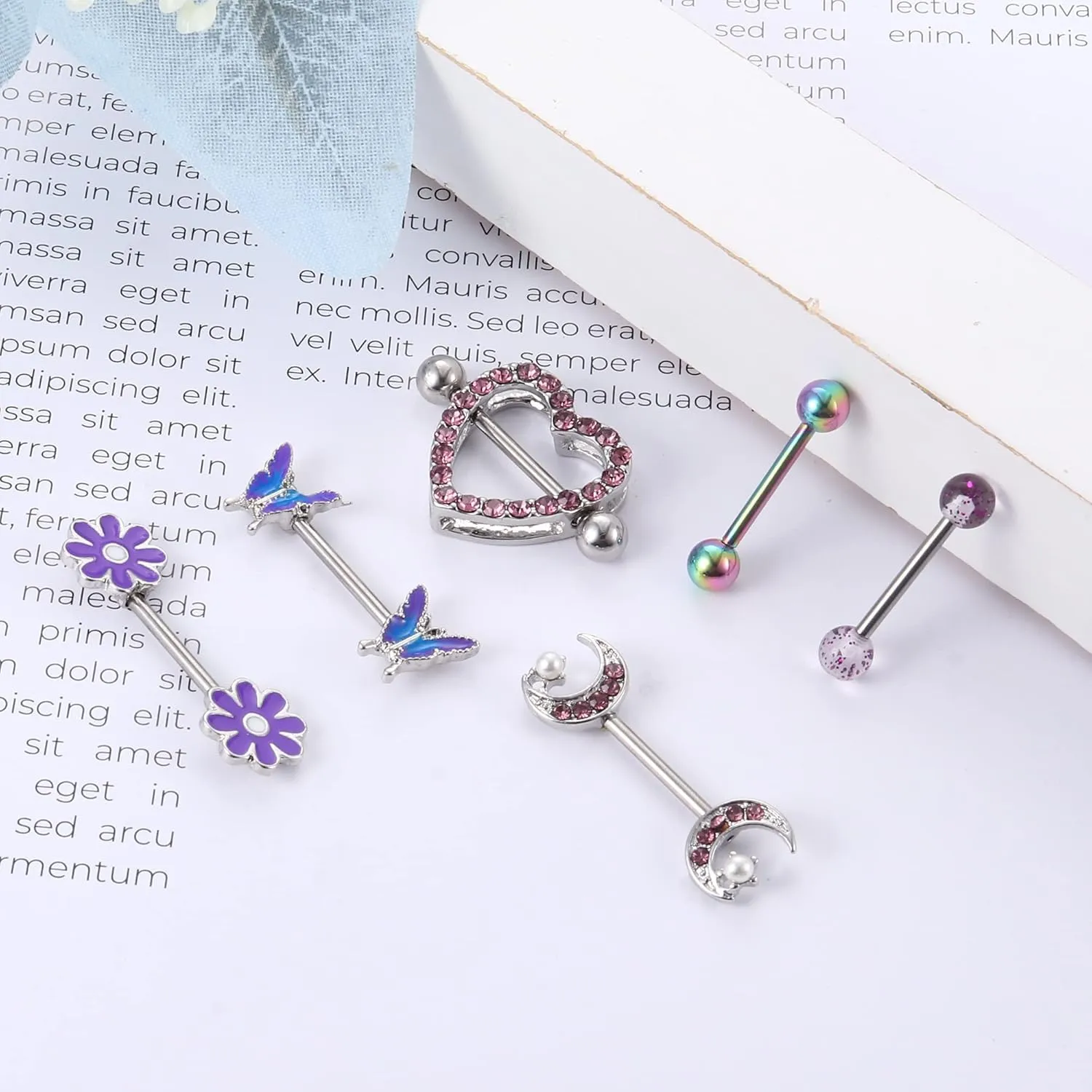 Kakonia 6 Pairs 14G Nipple Rings for Women 316L Stainless Steel Heart Butterfly Moon CZ Flower Barbell Nipple Rings Set Cute Nipplerings Piercing Jewelry