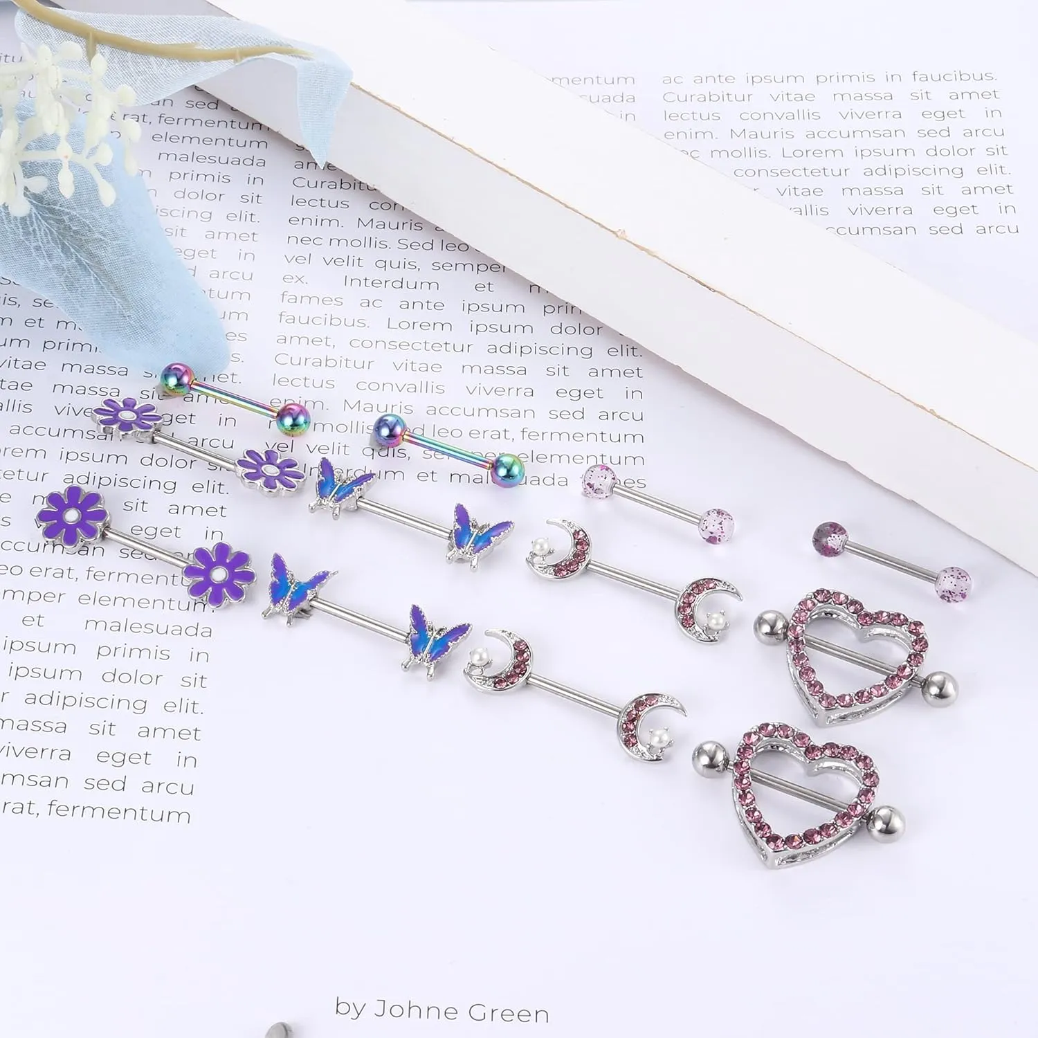 Kakonia 6 Pairs 14G Nipple Rings for Women 316L Stainless Steel Heart Butterfly Moon CZ Flower Barbell Nipple Rings Set Cute Nipplerings Piercing Jewelry