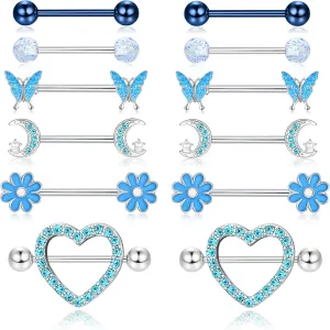 Kakonia 6 Pairs 14G Nipple Rings for Women 316L Stainless Steel Heart Butterfly Moon CZ Flower Barbell Nipple Rings Set Cute Nipplerings Piercing Jewelry