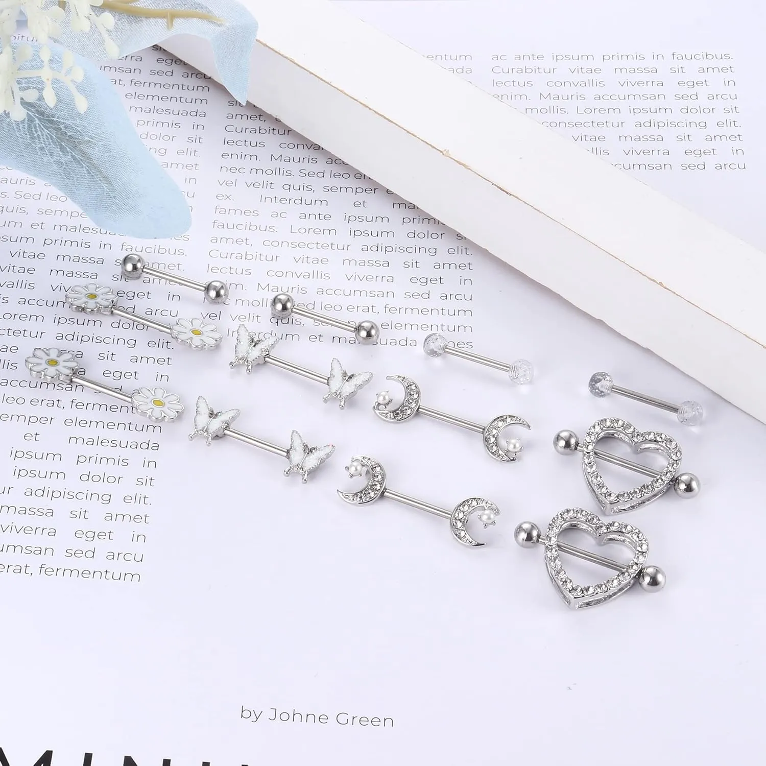 Kakonia 6 Pairs 14G Nipple Rings for Women 316L Stainless Steel Heart Butterfly Moon CZ Flower Barbell Nipple Rings Set Cute Nipplerings Piercing Jewelry