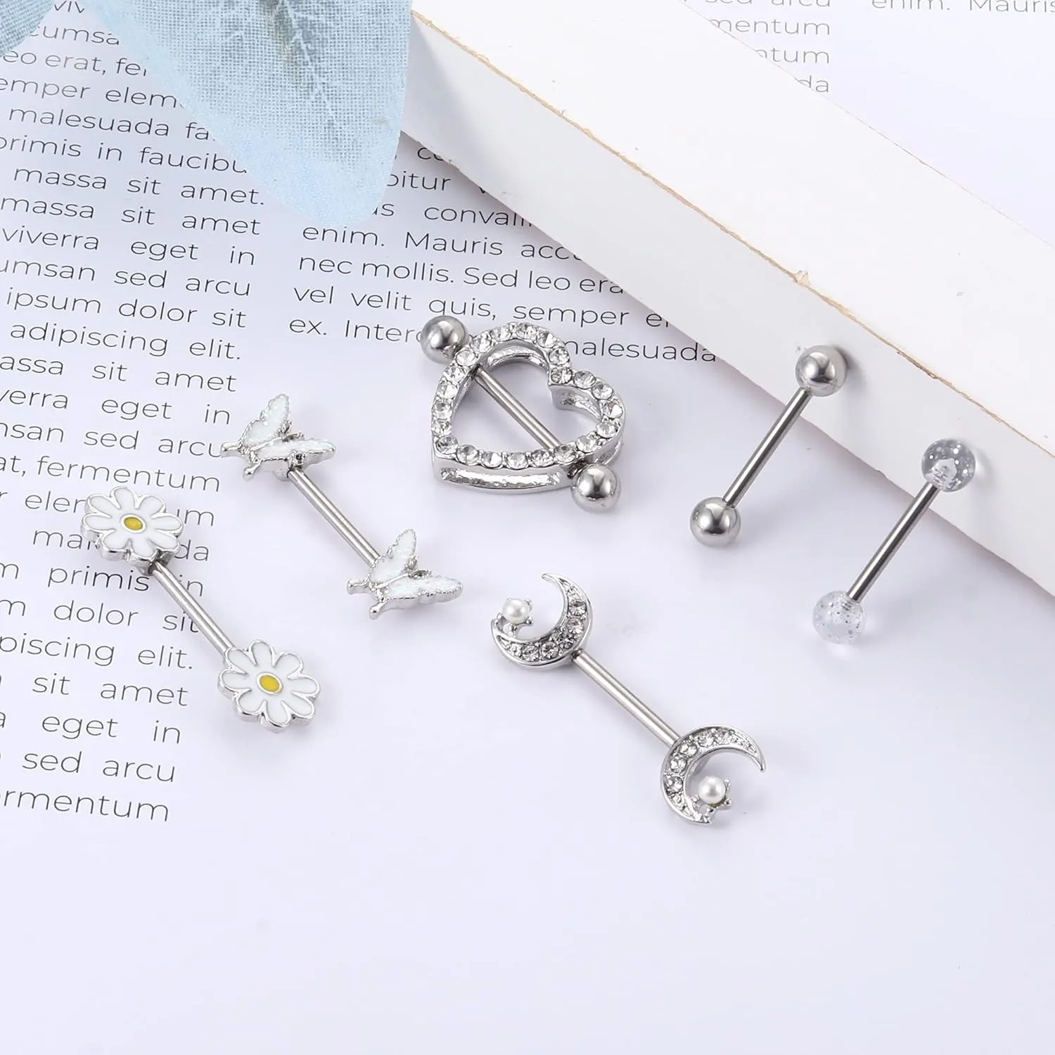 Kakonia 6 Pairs 14G Nipple Rings for Women 316L Stainless Steel Heart Butterfly Moon CZ Flower Barbell Nipple Rings Set Cute Nipplerings Piercing Jewelry
