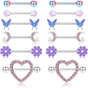 Kakonia 6 Pairs 14G Nipple Rings for Women 316L Stainless Steel Heart Butterfly Moon CZ Flower Barbell Nipple Rings Set Cute Nipplerings Piercing Jewelry