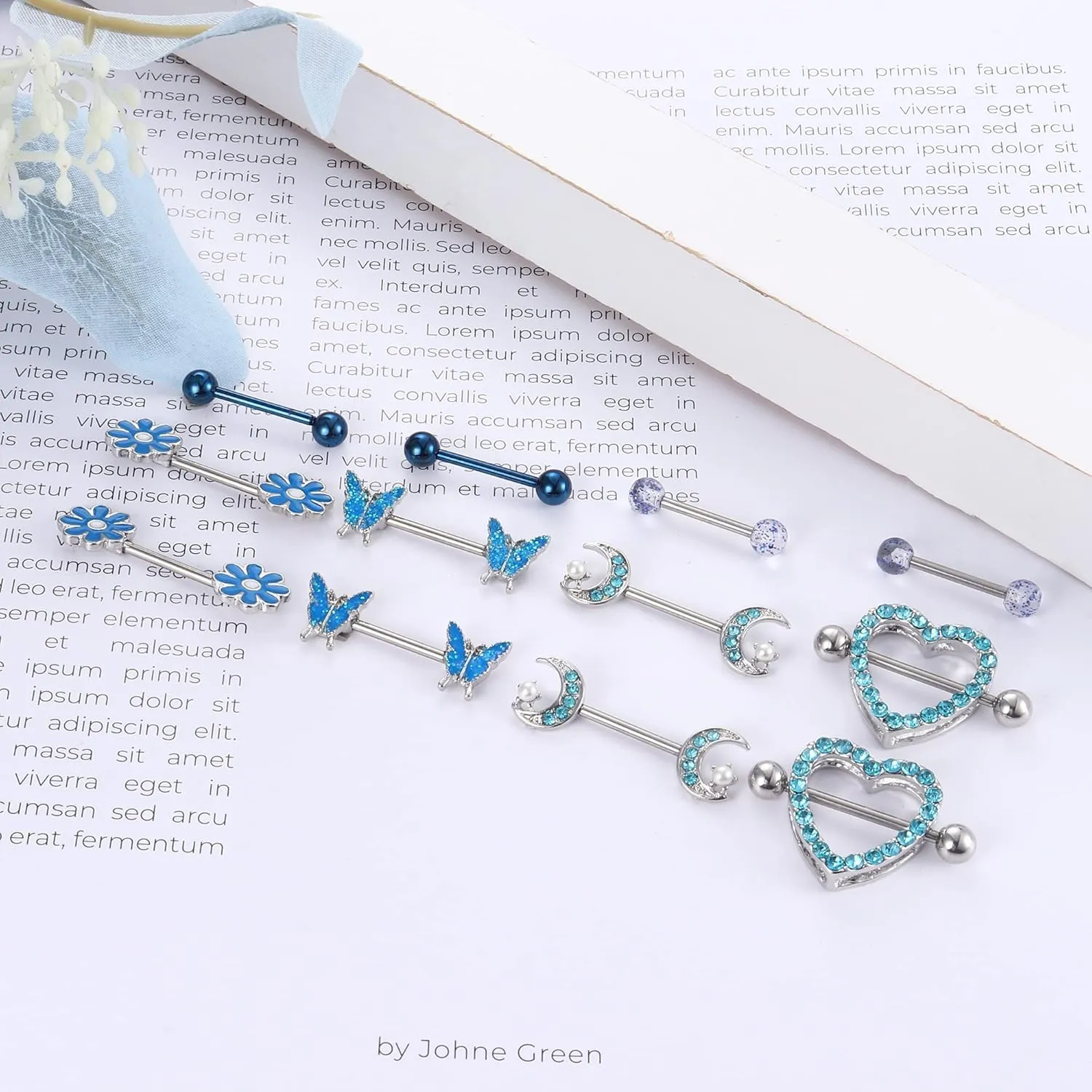 Kakonia 6 Pairs 14G Nipple Rings for Women 316L Stainless Steel Heart Butterfly Moon CZ Flower Barbell Nipple Rings Set Cute Nipplerings Piercing Jewelry