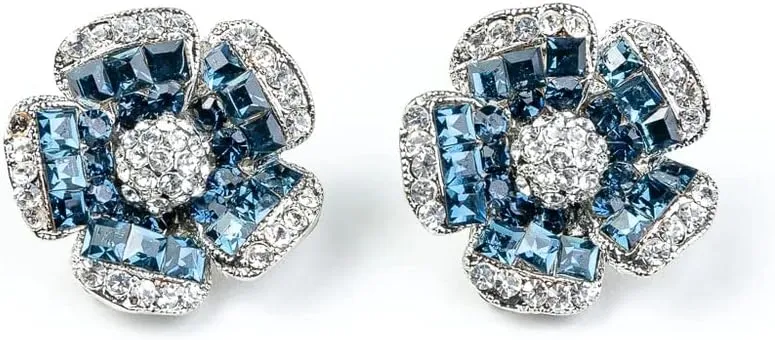 Kenneth Jay Lane Gold and Silver Pave Crystal Button Clip-On Earrings or Sapphire Pave Crystal Clip Earrings