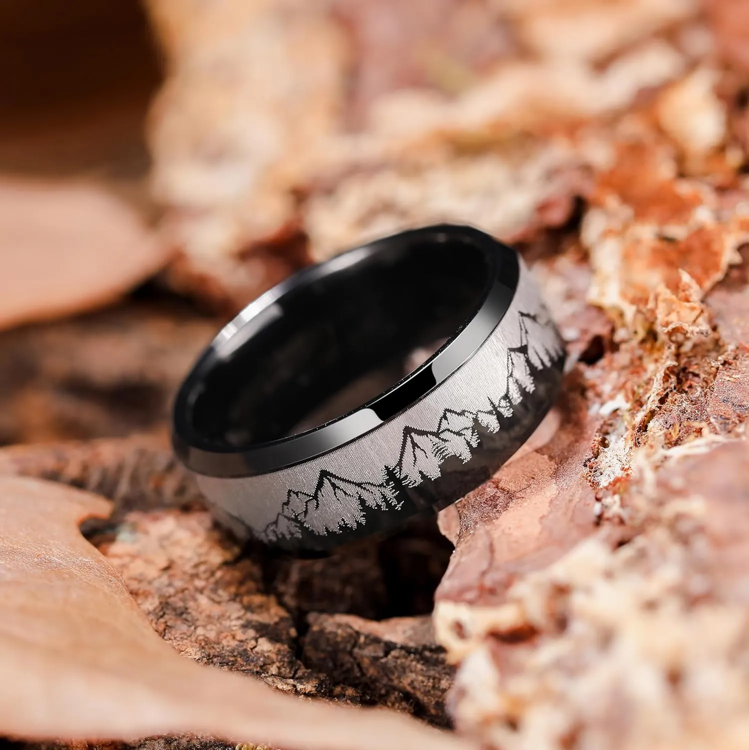 King Will Mens 6mm 8mm Black Silver Tungsten Carbide Wedding Bands Inlay Lasered Seagull/Forest Landscap/Panda/Deer/Hunting/Fly Fishing Brushed Wedding Rings for Men Women