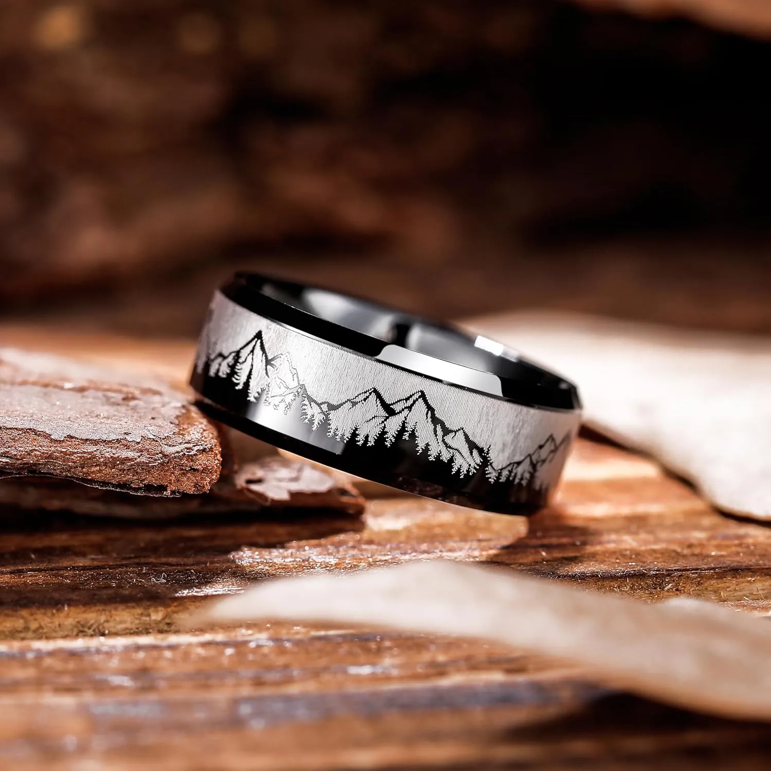 King Will Mens 6mm 8mm Black Silver Tungsten Carbide Wedding Bands Inlay Lasered Seagull/Forest Landscap/Panda/Deer/Hunting/Fly Fishing Brushed Wedding Rings for Men Women