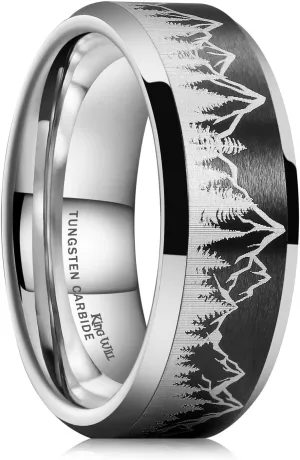 King Will Mens 6mm 8mm Black Silver Tungsten Carbide Wedding Bands Inlay Lasered Seagull/Forest Landscap/Panda/Deer/Hunting/Fly Fishing Brushed Wedding Rings for Men Women