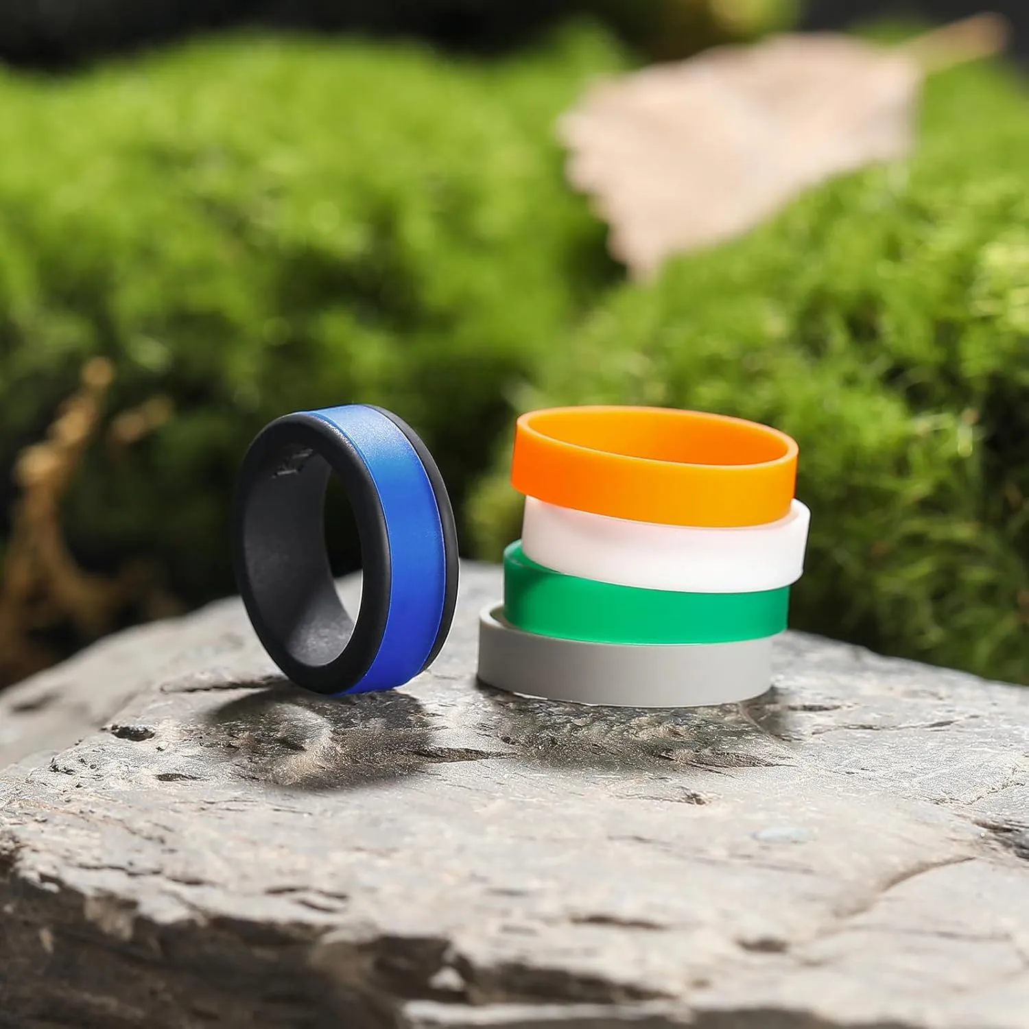 King Will Silicone Ring for Men - Gray Mens Silicone Wedding Band with Gray Blue Green Orange Variety Colors Flexible Changeable Stripe Bands - 8mm Wide Rubber Wedding Bands Engagement Ring