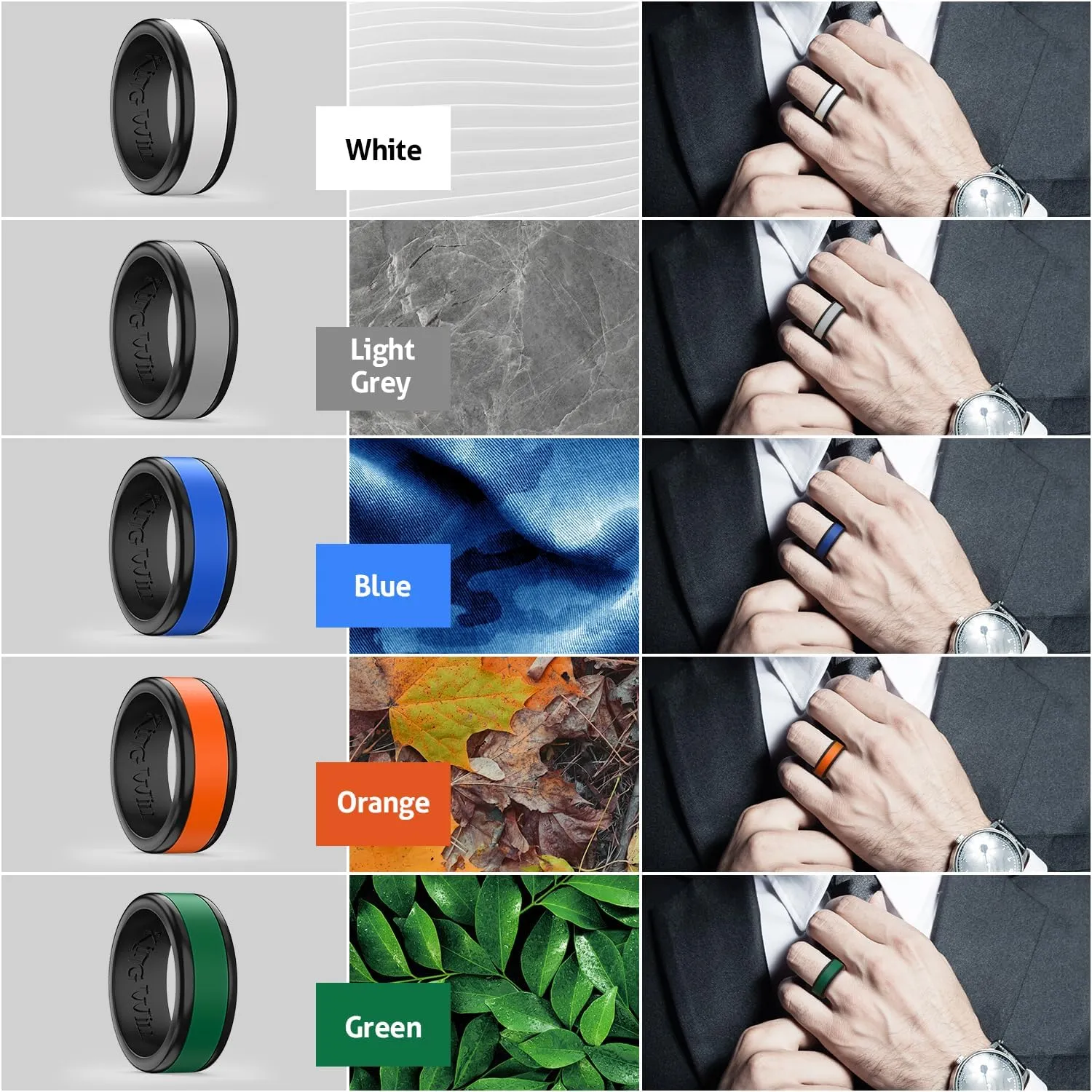 King Will Silicone Ring for Men - Gray Mens Silicone Wedding Band with Gray Blue Green Orange Variety Colors Flexible Changeable Stripe Bands - 8mm Wide Rubber Wedding Bands Engagement Ring