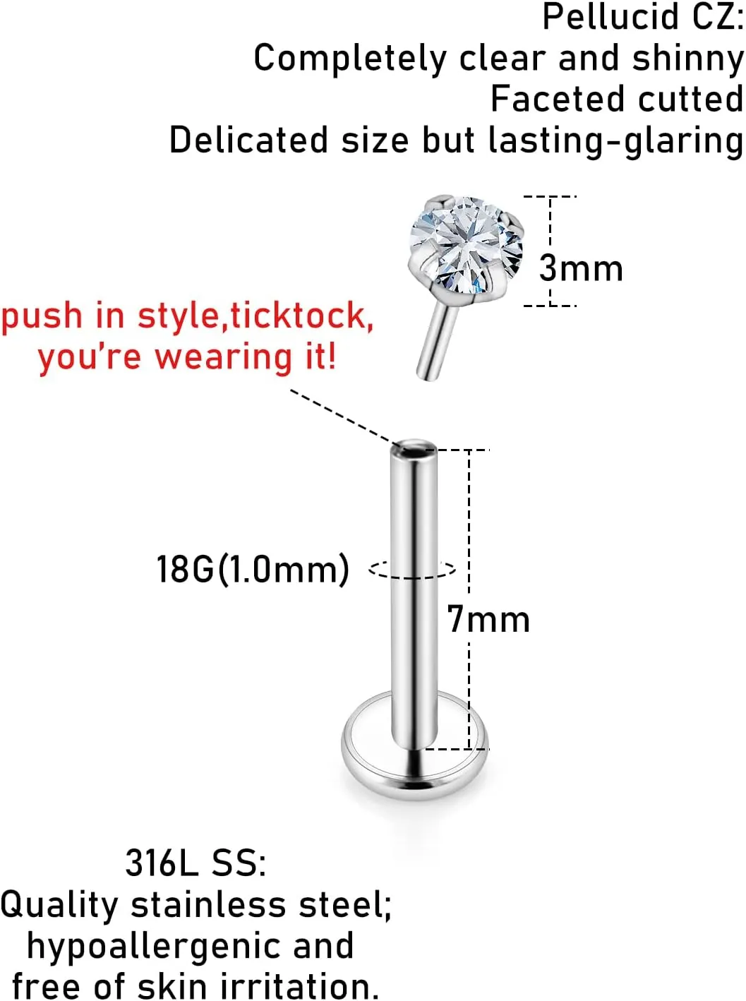 Kridzisw 18G 20G Threadless Push in Nose Rings Studs 6mm 7mm Bar Surgical Steel Flat Back Opal Cartilage Tragus Helix Earrings Stud Lip Larbret Ring Piercing Jewelry for Women Men Opal 2MM 2.5MM 3MM