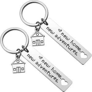 Kvekstio 2 Pack New Home New Adventures Keychain - First Home Gift, Housewarming Gift, Realtor Closing Gifts - Silver, Modern, House Theme - Unisex-Adults, Neutral