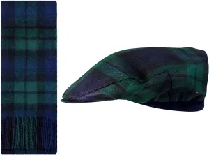 Lambswool Flat Cap and Scarf Matching Gift Set Black Watch Modern Tartan Plaid One Size Elasticated Band News Boy Caps Beret Paperboy Hats for Men Womens Scarves Comfort Fit Scottish Gifts