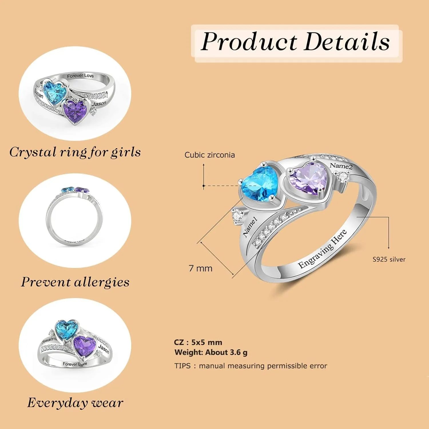 LanM Personalized Mothers Ring with 2 Birthstones  Mothers Day Gifts for Mom Grandmother - Custom Sterling Silver Promise Ring for Women  Engraved Names Jewelry for Her
