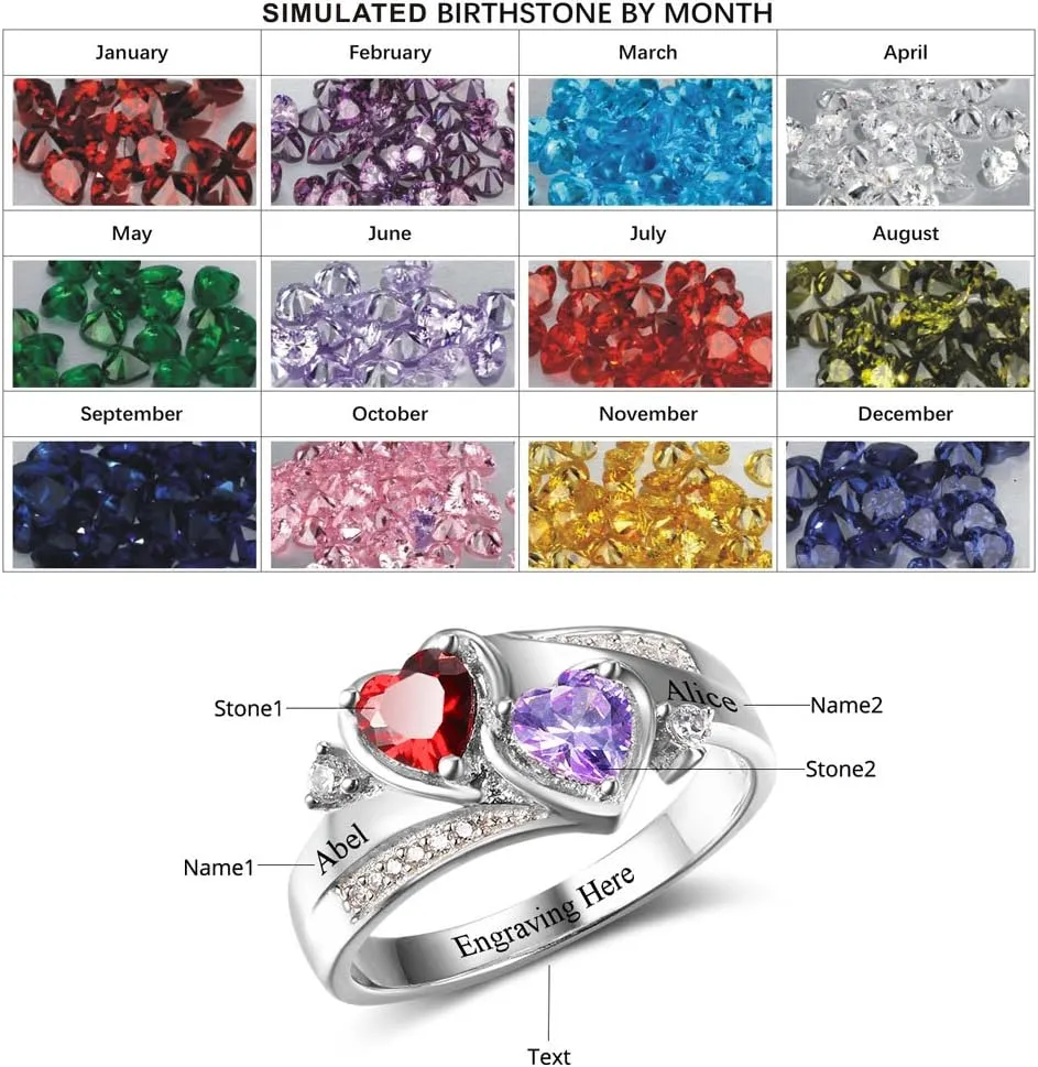 LanM Personalized Mothers Ring with 2 Birthstones  Mothers Day Gifts for Mom Grandmother - Custom Sterling Silver Promise Ring for Women  Engraved Names Jewelry for Her
