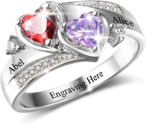 LanM Personalized Mothers Ring with 2 Birthstones  Mothers Day Gifts for Mom Grandmother - Custom Sterling Silver Promise Ring for Women  Engraved Names Jewelry for Her