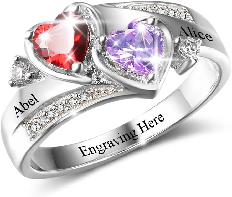 LanM Personalized Mothers Ring with 2 Birthstones  Mothers Day Gifts for Mom Grandmother - Custom Sterling Silver Promise Ring for Women  Engraved Names Jewelry for Her