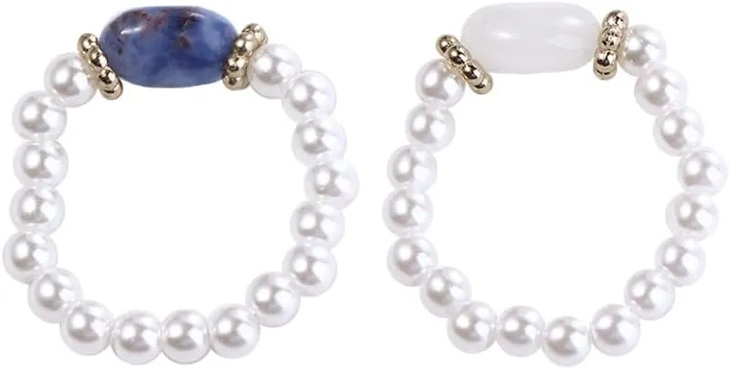 Leadingol Vintage Pearl Adjustable Beaded Wrap Rings, With Stones - Stackable Womens Pearl Rings