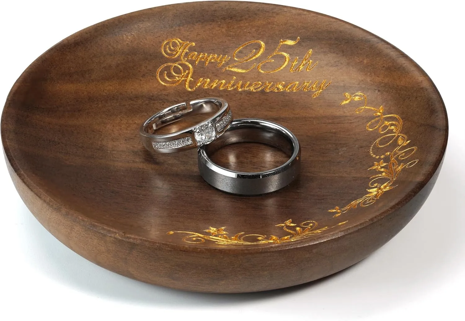 LerchPhi 25th Wedding Anniversary Wood Jewelry Tray 4 In., Elegant Gift for Couples & Husband, Cherished Mr and Mrs Ring Dish & Key Tray; Ideal for 25th Wedding Anniversary Celebration Decorations