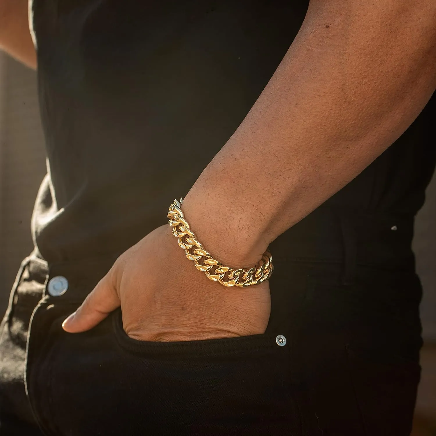 LIFETIME JEWELRY 14mm Diamond Cut Miami Curb Cuban Link Bracelet 24k Gold Plated