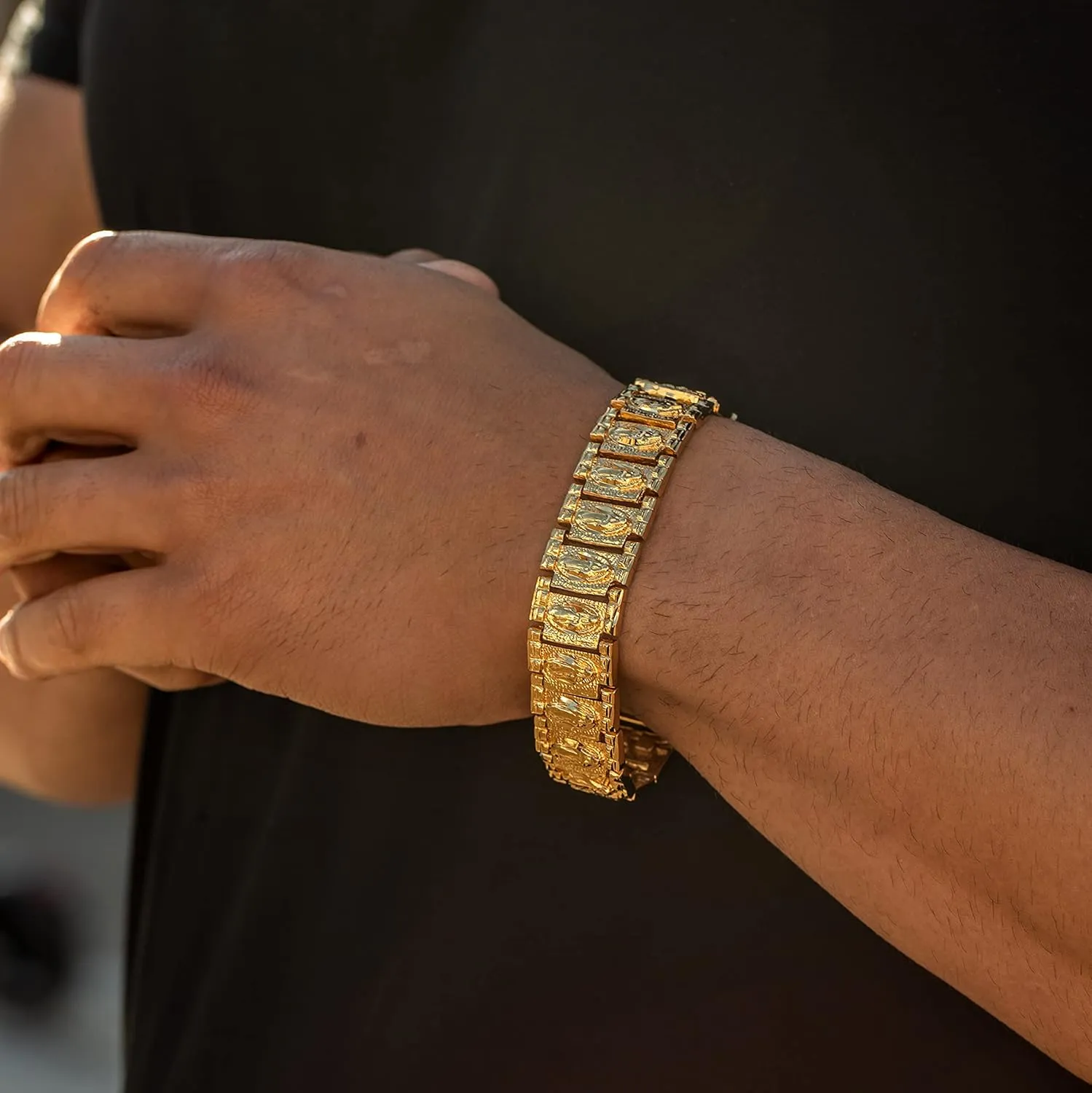 LIFETIME JEWELRY Virgen de Guadalupe Link Bracelet for Men and Women 24K gold plated