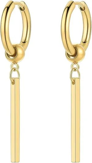 Long Bar Drop Earrings for Men Women, Punk Jewelry, Black/Gold Plated Stainless Steel, Hypoallergenic for Sensitive Ears, Come Box