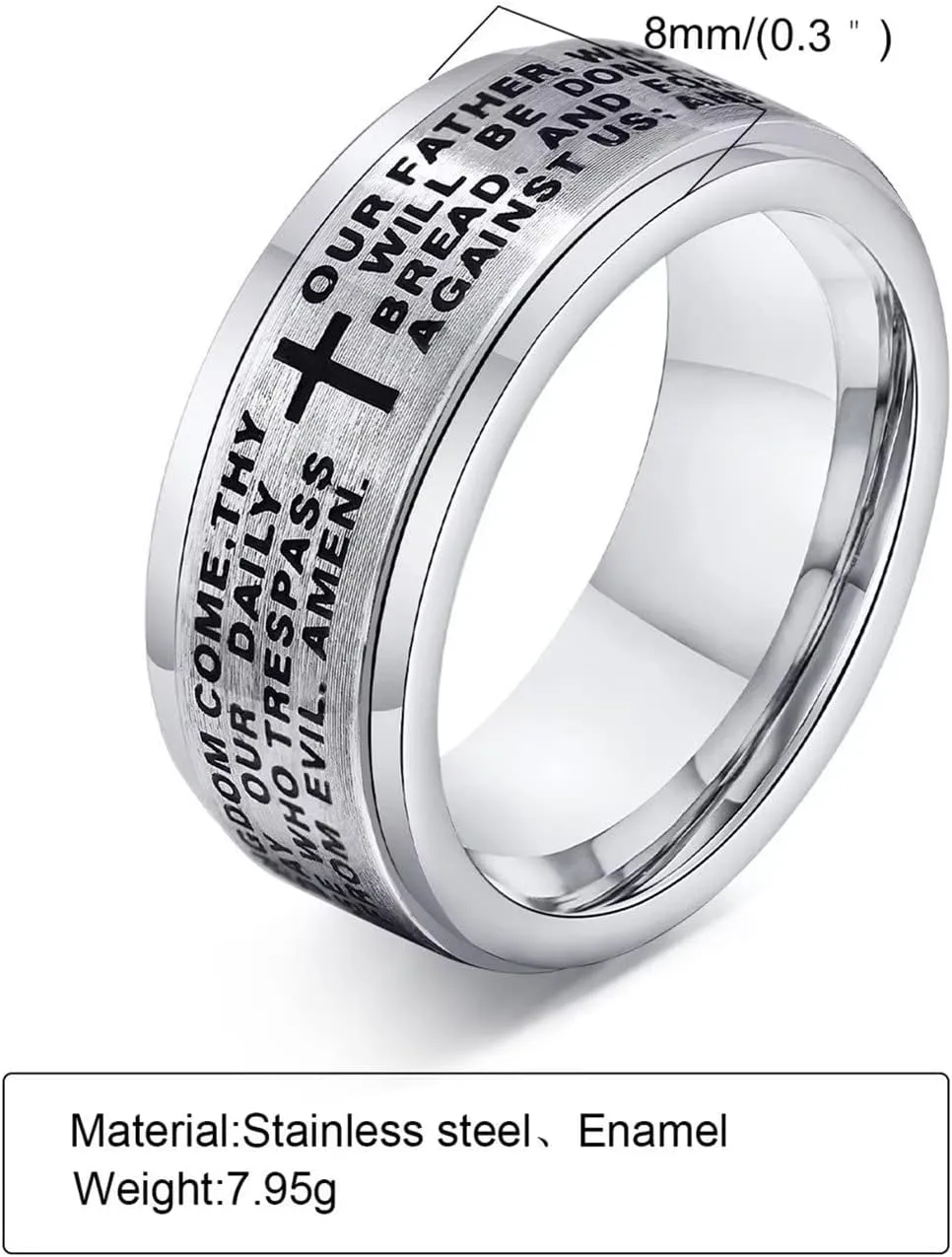 Lords Prayer Cross Spinner Ring Men's Womens Stainless Steel Religious Fidget Bands for Easter Christmas Birthday, Size 7-12