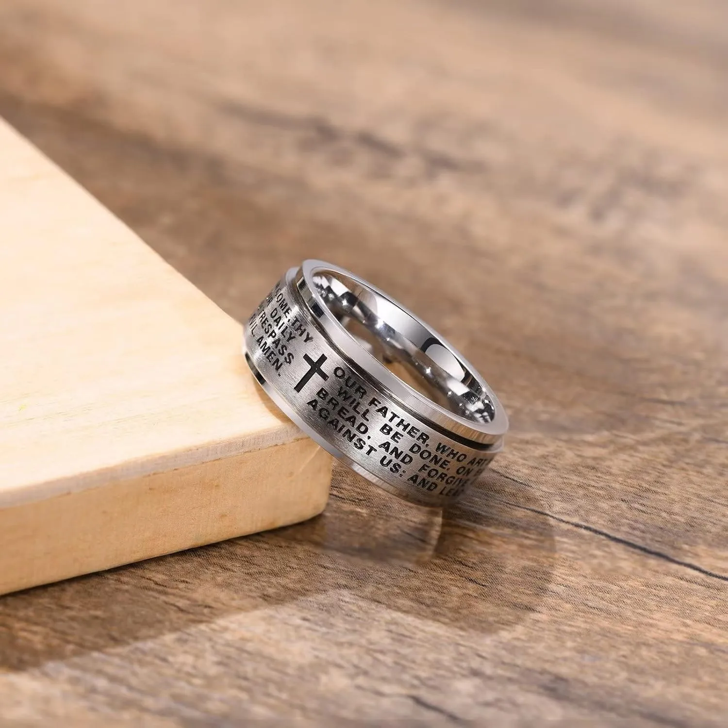 Lords Prayer Cross Spinner Ring Men's Womens Stainless Steel Religious Fidget Bands for Easter Christmas Birthday, Size 7-12