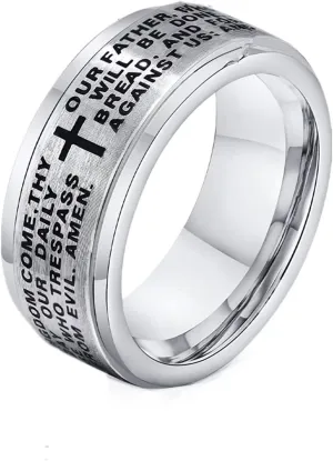 Lords Prayer Cross Spinner Ring Men's Womens Stainless Steel Religious Fidget Bands for Easter Christmas Birthday, Size 7-12