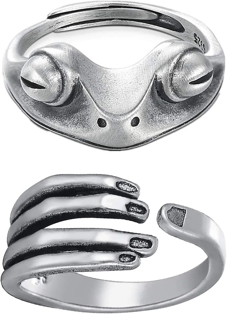 LOVECOM Frog Ring Hand Ring 2Pcs 925 Sterling Silver Rings for Women Men Frog Open Rings for Women Vintage Cute Animal Finger Ring Silver Fashion Party Jewelry Gifts