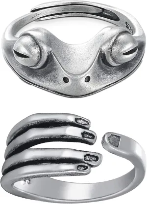 LOVECOM Frog Ring Hand Ring 2Pcs 925 Sterling Silver Rings for Women Men Frog Open Rings for Women Vintage Cute Animal Finger Ring Silver Fashion Party Jewelry Gifts
