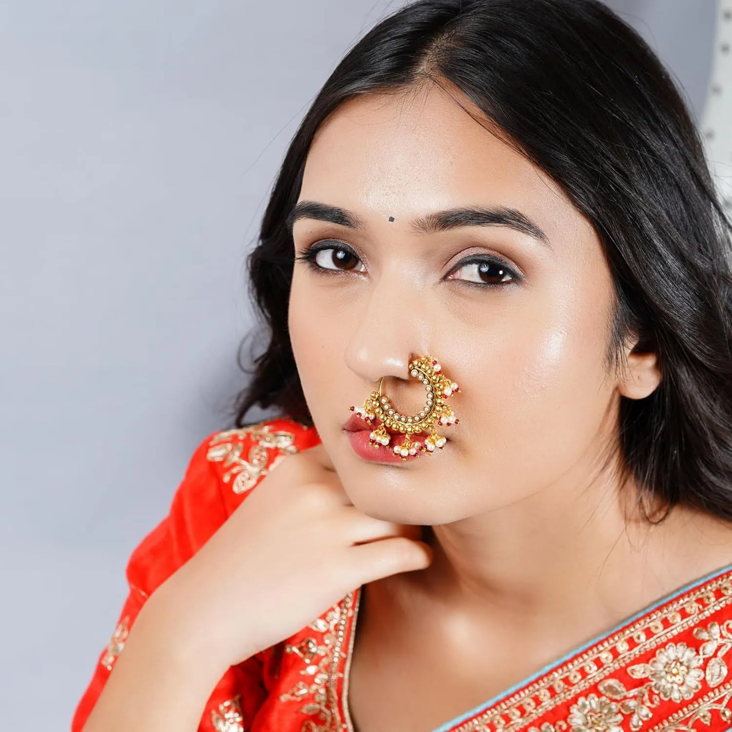 LoveNspire Indian Marathi Nath for Women - Indian Golden Pressing Moon Marathi Nose Ring Indian Jewelry Clip-On Marathi Bridal Nathani Bollywood Faux Pearl Non-Piercing Jewelry for Women Gift For Her