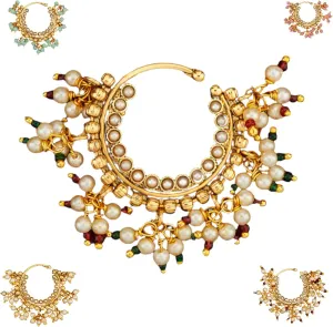 LoveNspire Indian Marathi Nath for Women - Indian Golden Pressing Moon Marathi Nose Ring Indian Jewelry Clip-On Marathi Bridal Nathani Bollywood Faux Pearl Non-Piercing Jewelry for Women Gift For Her