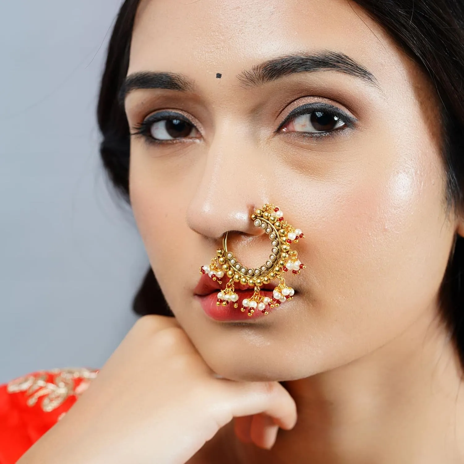 LoveNspire Indian Marathi Nath for Women - Indian Golden Pressing Moon Marathi Nose Ring Indian Jewelry Clip-On Marathi Bridal Nathani Bollywood Faux Pearl Non-Piercing Jewelry for Women Gift For Her
