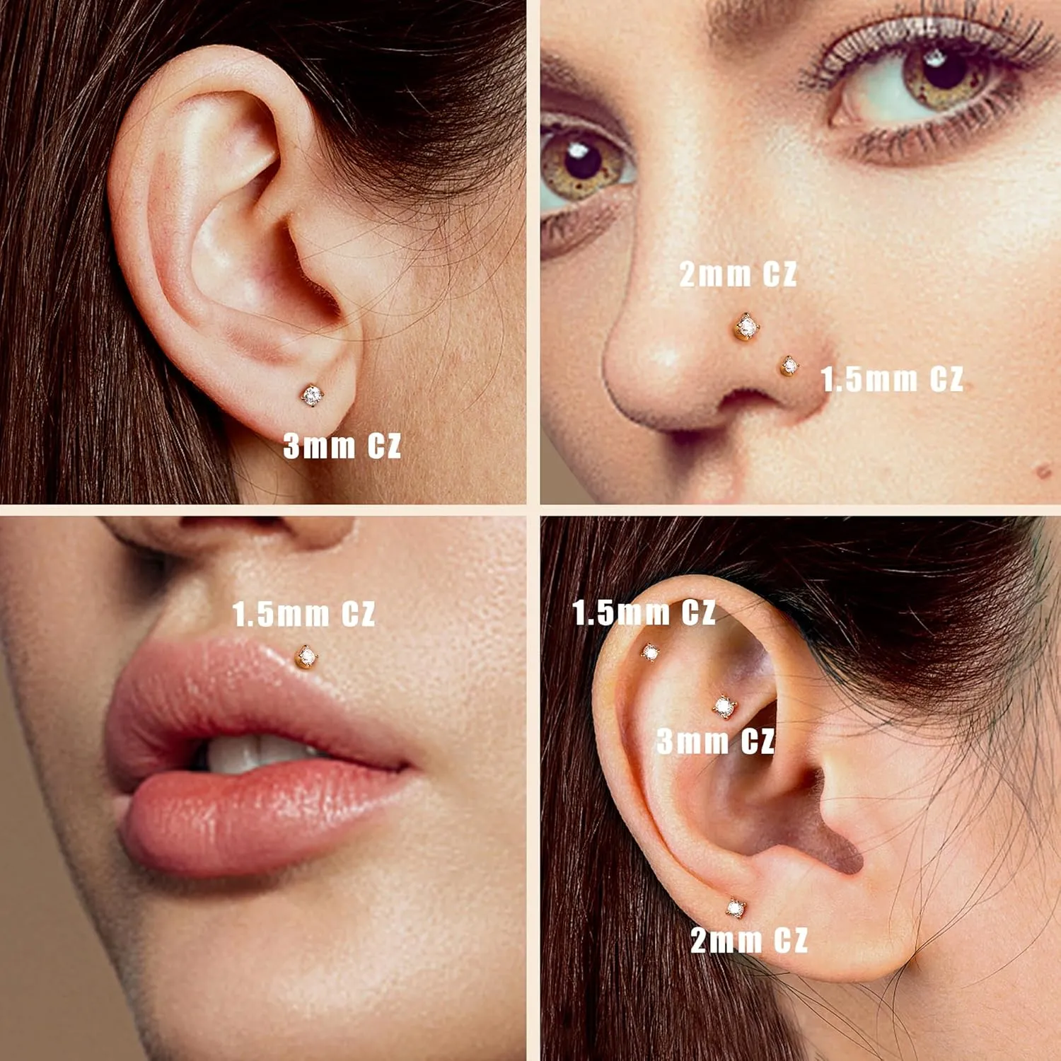 LOYALLOOK 14K Real Gold Nose Rings & Studs - Simulated Diamond CZ Corkscrew Twist Nose Screw Piercings 1.5-3MM Hypoallergenic for Women & Men