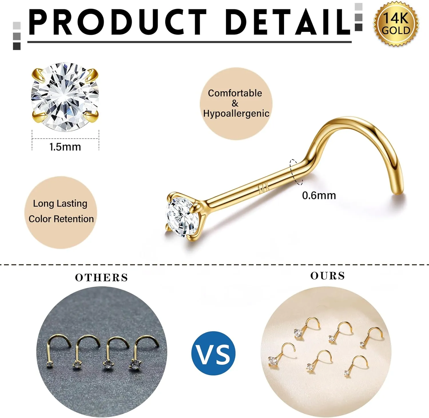 LOYALLOOK 14K Real Gold Nose Rings & Studs - Simulated Diamond CZ Corkscrew Twist Nose Screw Piercings 1.5-3MM Hypoallergenic for Women & Men