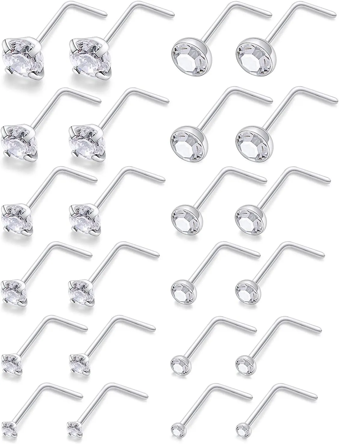 Lsnevsie 18G 20G 22G Surgical Steel Nose Rings Studs for Women Men Nose Piercing Jewelry Top Diamond CZ 1.5mm 2mm 2.5mm 3mm 3.5mm 4mm 24Pcs