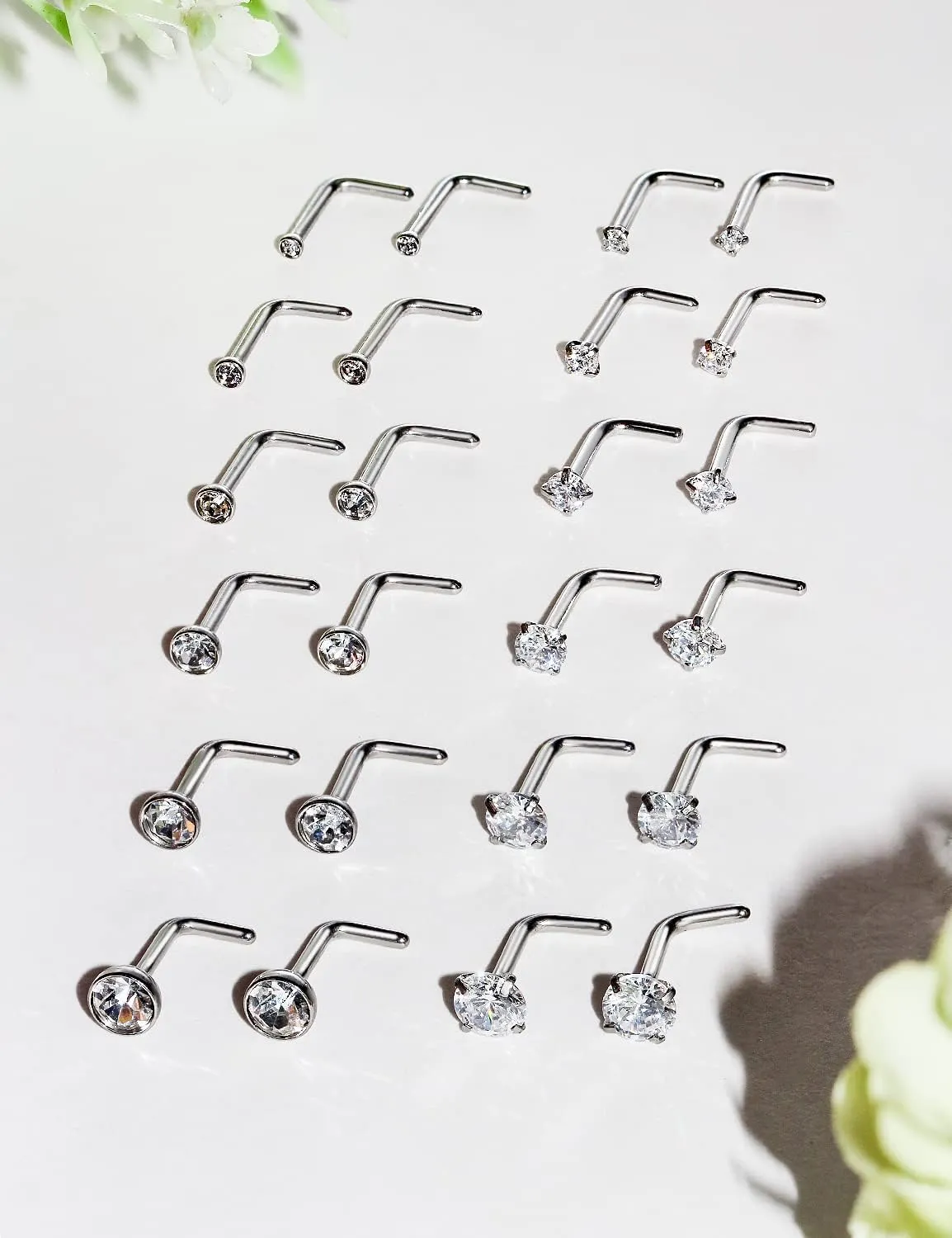 Lsnevsie 18G 20G 22G Surgical Steel Nose Rings Studs for Women Men Nose Piercing Jewelry Top Diamond CZ 1.5mm 2mm 2.5mm 3mm 3.5mm 4mm 24Pcs