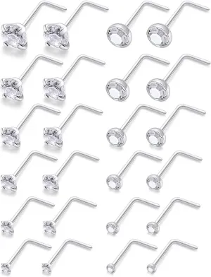 Lsnevsie 18G 20G 22G Surgical Steel Nose Rings Studs for Women Men Nose Piercing Jewelry Top Diamond CZ 1.5mm 2mm 2.5mm 3mm 3.5mm 4mm 24Pcs