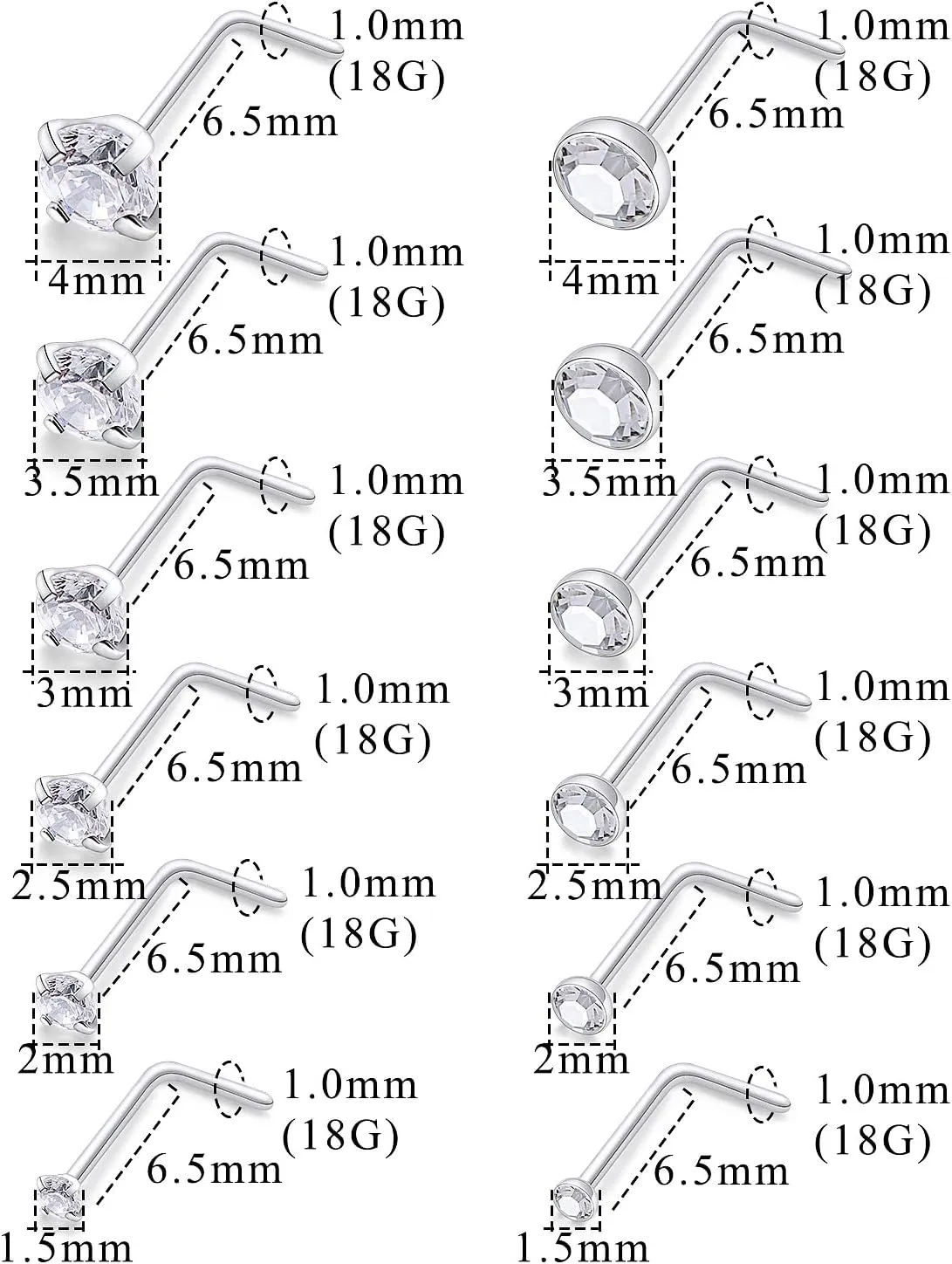 Lsnevsie 18G 20G 22G Surgical Steel Nose Rings Studs for Women Men Nose Piercing Jewelry Top Diamond CZ 1.5mm 2mm 2.5mm 3mm 3.5mm 4mm 24Pcs