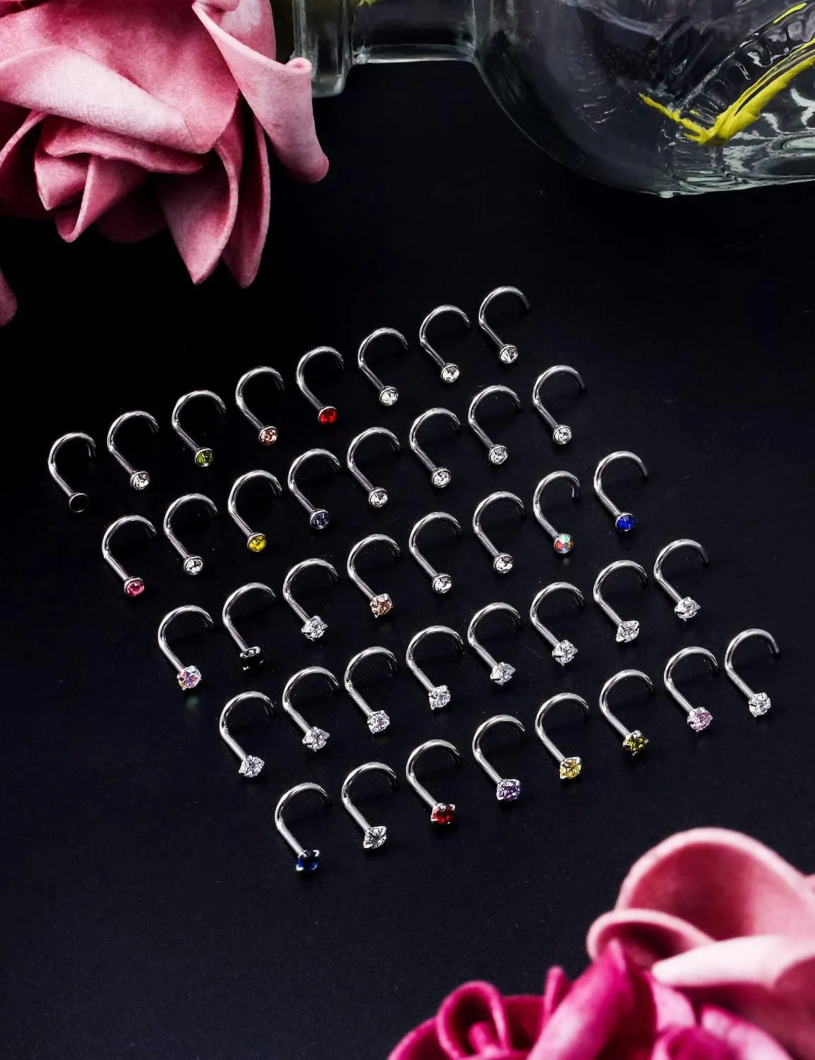 Lsnevsie 18G 20G 22G Surgical Steel Nose Rings Studs for Women Men Nose Piercing Jewelry Top Diamond CZ 1.5mm 2mm 2.5mm 3mm 40PCS