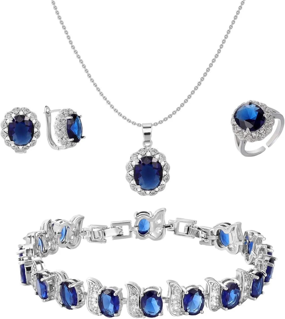 Lucky Clover Bracelet Necklace Earrings Jewelry Set for Women, Classic 4-Leaf White Gold Plated Bracelet Cubic Zirconia Studs Earrings Good Luck Pendant Necklace Mothers Day Jewelry Gifts
