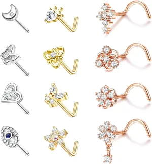 Magitaco 12Pcs 20G Nose Ring Stud L Shape Screw Nose Studs Butterfly Heart Cross Eyil Eye Moon Nose Rings Nose Bone Piercing Nose Stud for Women Men